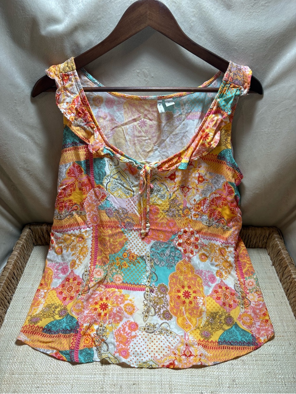 Cato Multi-Color Patchwork Tie-Front Ruffle Camisole